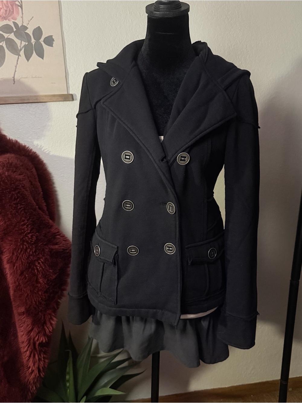 Black Double-Breasted Hooded Jacket